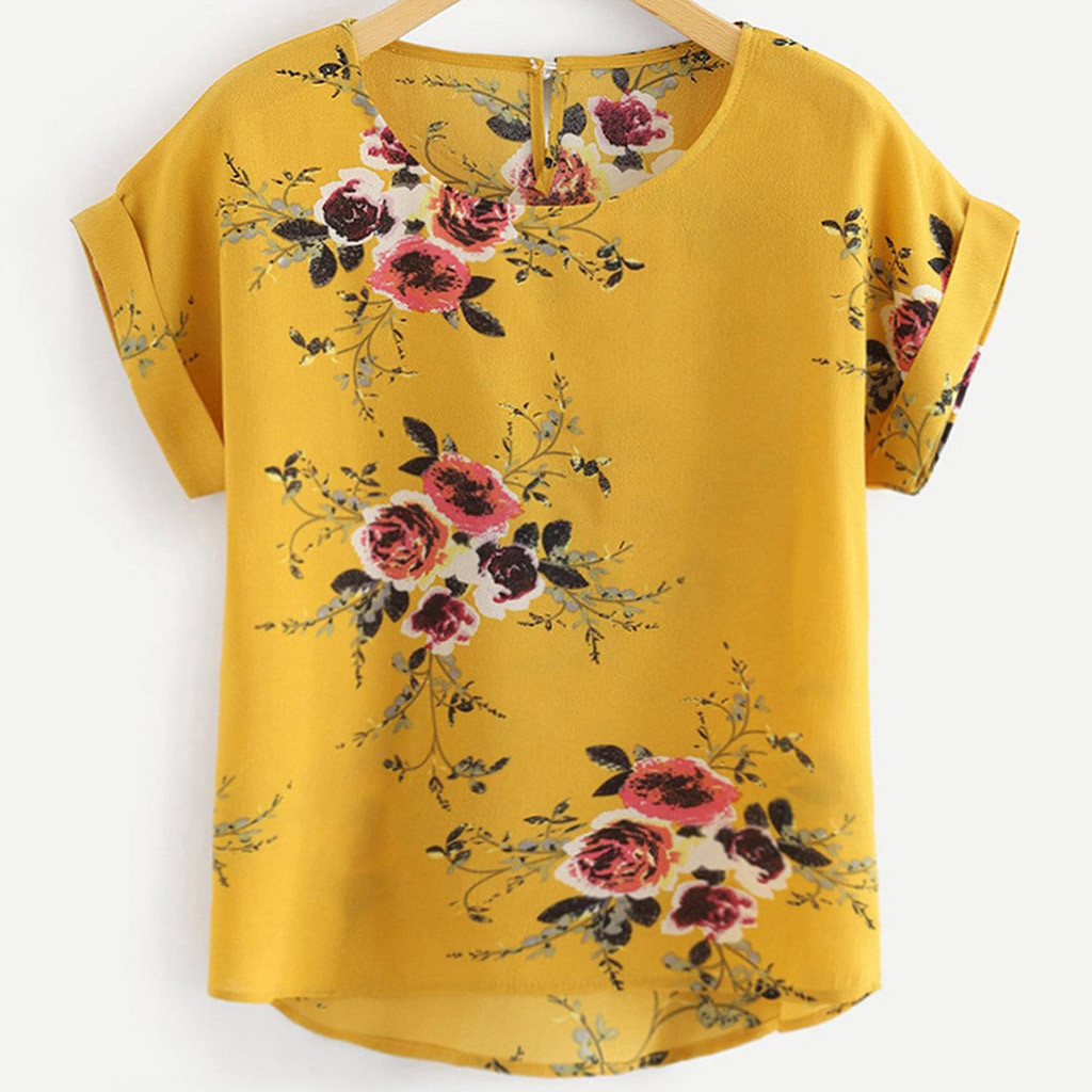Chemisier à manches courtes imprimé floral pour femmes, t-shirt à col rond pour femmes, pull à la mode, vêtements d'été