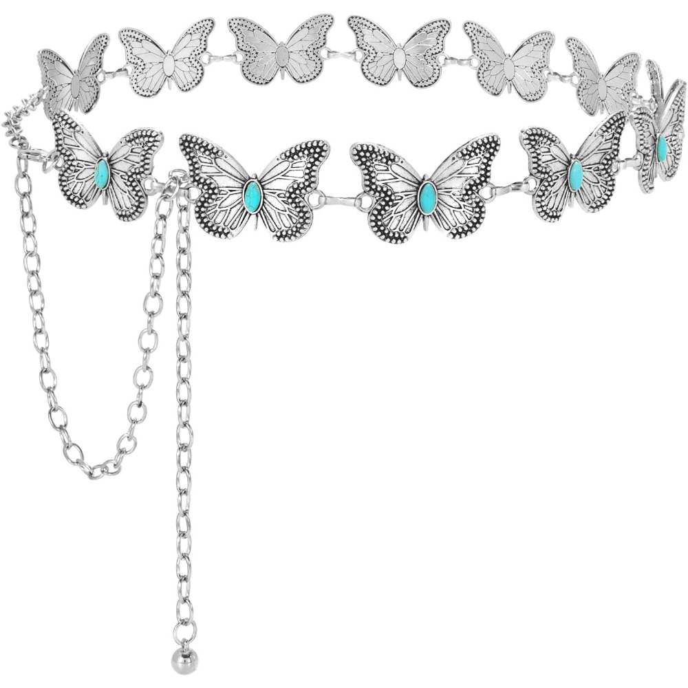 Ceintures à chaîne bohème pour femmes, pour jeans, robes, ceinture à chaîne de taille en argent western avec concho pour femmes, ceinture de cow-girl en métal réglable
