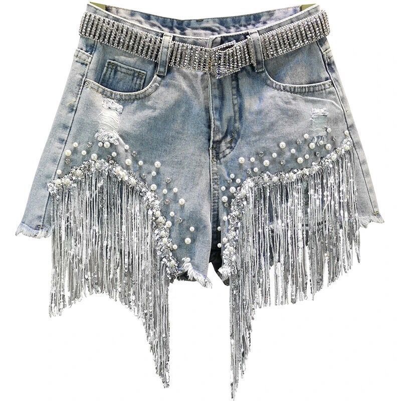 Short en jean pour femmes, vêtements d'été, nouvelle taille haute européenne, fine, industrie lourde, perles, paillettes, franges, cuivre cassé, 2025