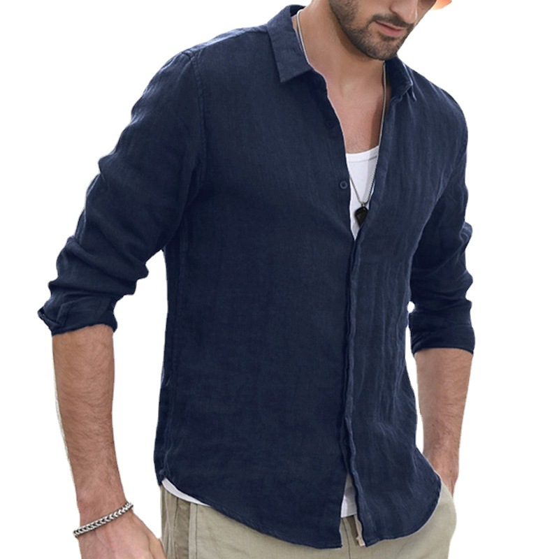 Chemise unie pour homme - En lin - Avec col montant aux poignets - Chemise de plage légère