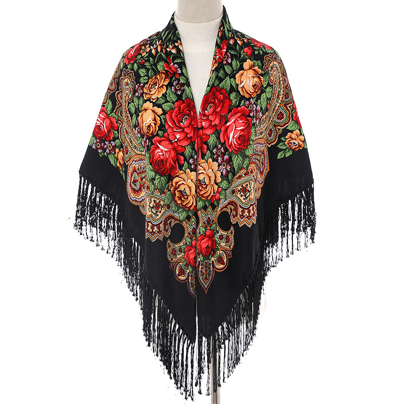 Grand foulard carré de Style russe pour femmes, châle rétro à franges en coton imprimé, enveloppes Hijab, châles ethniques, Bandana, 135x135cm