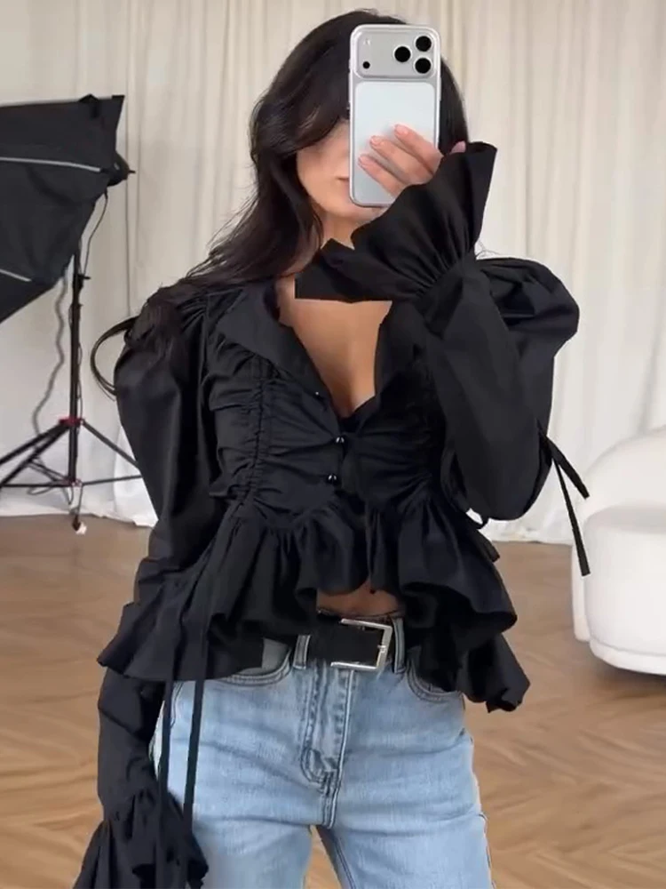 Chemisier plissé uni décontracté à volants pour femme, manches bouffantes courtes, simple boutonnage, collection Printemps-Été 2026