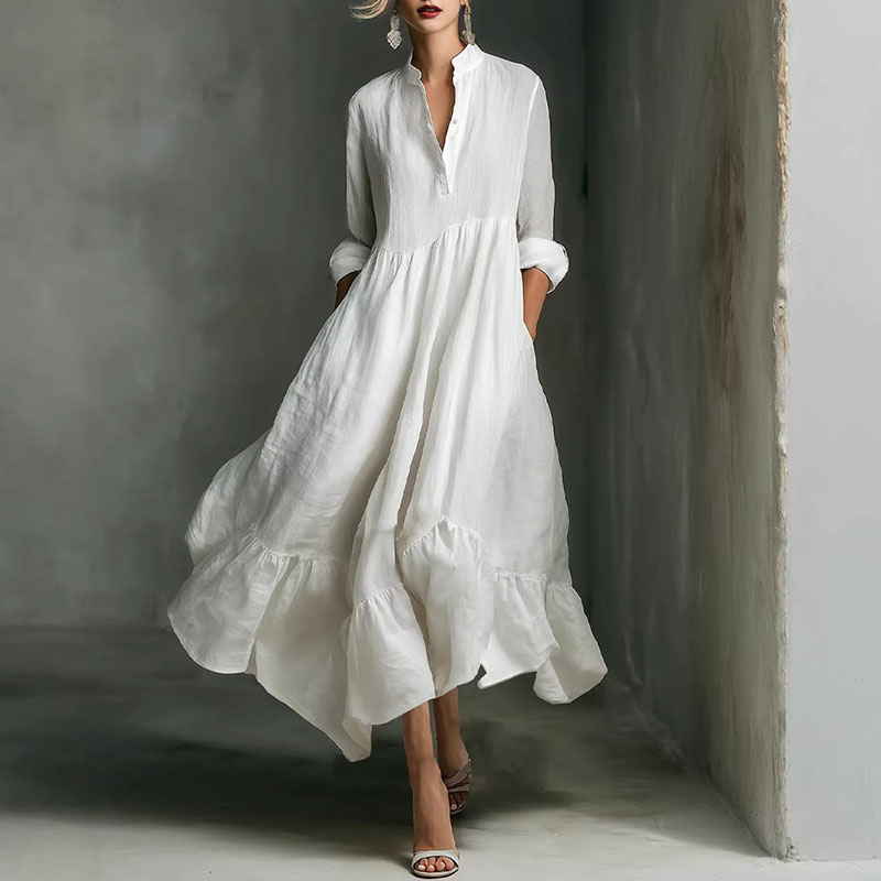 Robes décontractées pour femmes Printemps 2026 – Élégante robe longue trapèze à col en V et taille haute, style rétro uni, manches 3/4, ourlet à volants, robe maxi bohème
