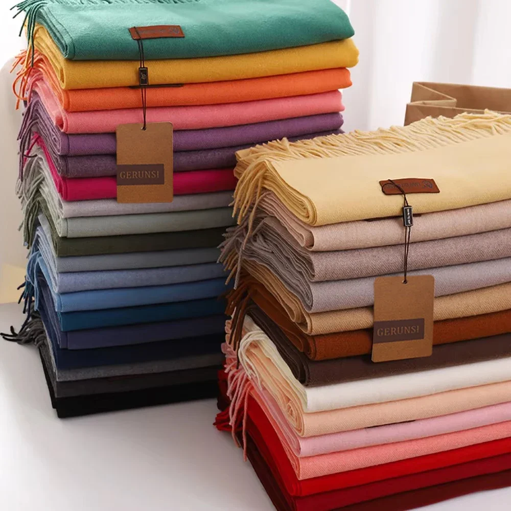 Écharpe en cachemire pour femme, châle Pashmina épais et chaud, enveloppe de couleur unie avec pompon, couverture pour dame, Bufanda, Hijab, hiver 2024