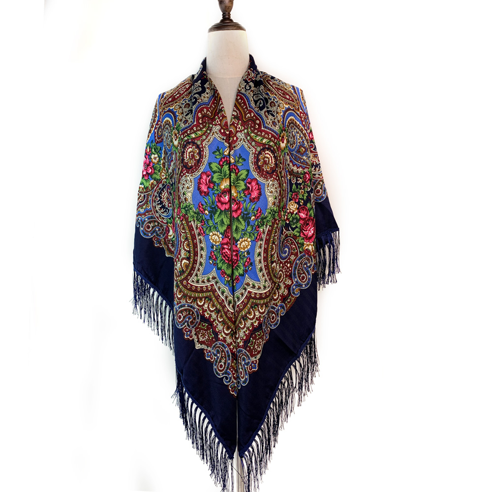 Foulard Carré de Luxe à Imprimé Floral pour Femme, Style Russe, Châle Traditionnel à Franges, Bandana, 160x160cm