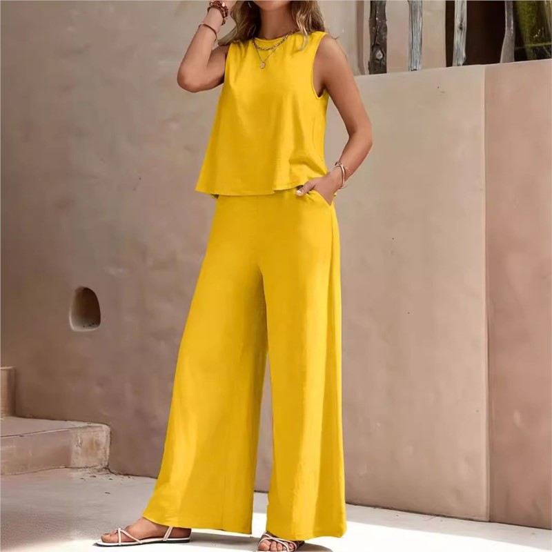 Nouveau femmes sans manches gilet et pantalon deux pièces ensemble mode couleur unie deux pièces col rond haut pantalon costume ensemble décontracté