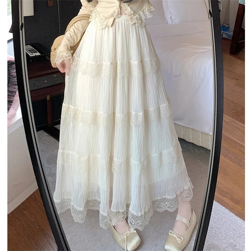 Jupes en mousseline de soie pour femmes, Vintage, taille haute, élastique, Patchwork, blanc, noir, Chic, longue gâteau, jupe trapèze pour étudiantes, printemps été