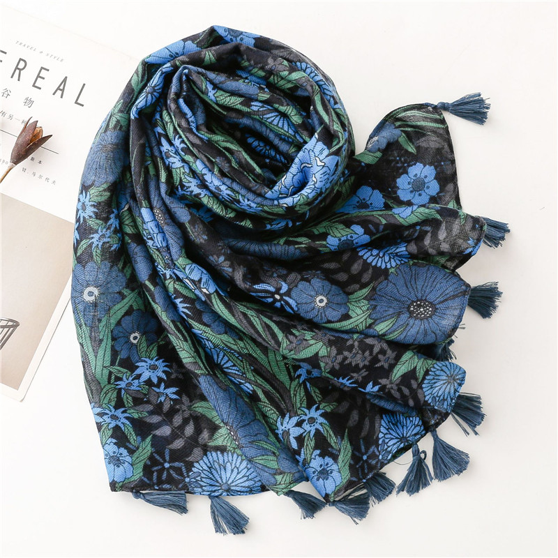 Aztec – châle en Viscose avec imprimé Floral bleu marine, écharpe de haute qualité, foulard doux, Hijab musulman, 180x90Cm