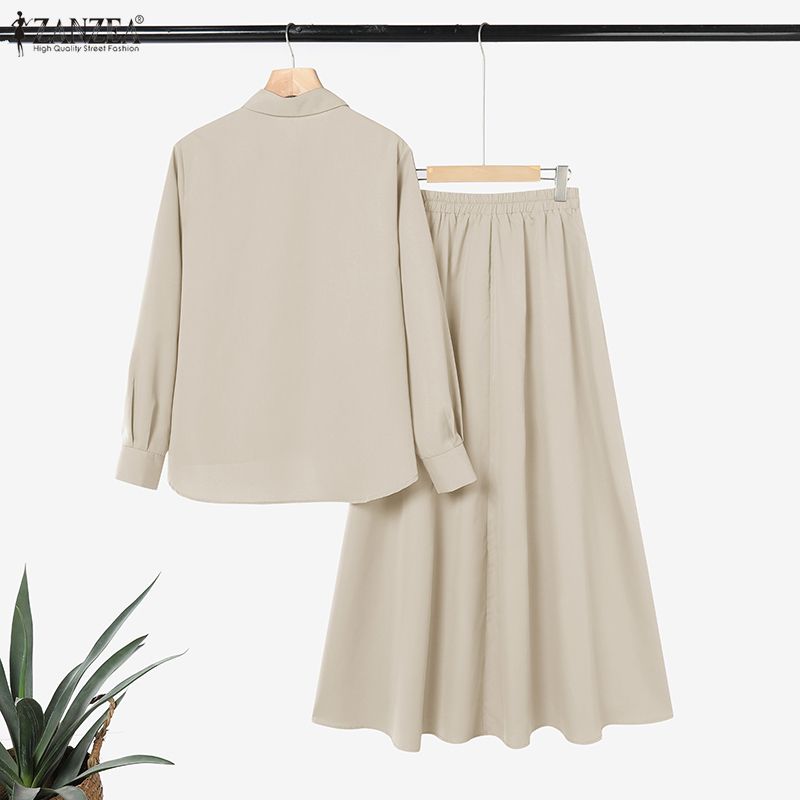 ZANZEA - Tenues modestes pour femmes hijabées - Ensemble jupe et chemise à manches longues - 2 pièces - Tenues quotidiennes décontractées musulmanes islamiques