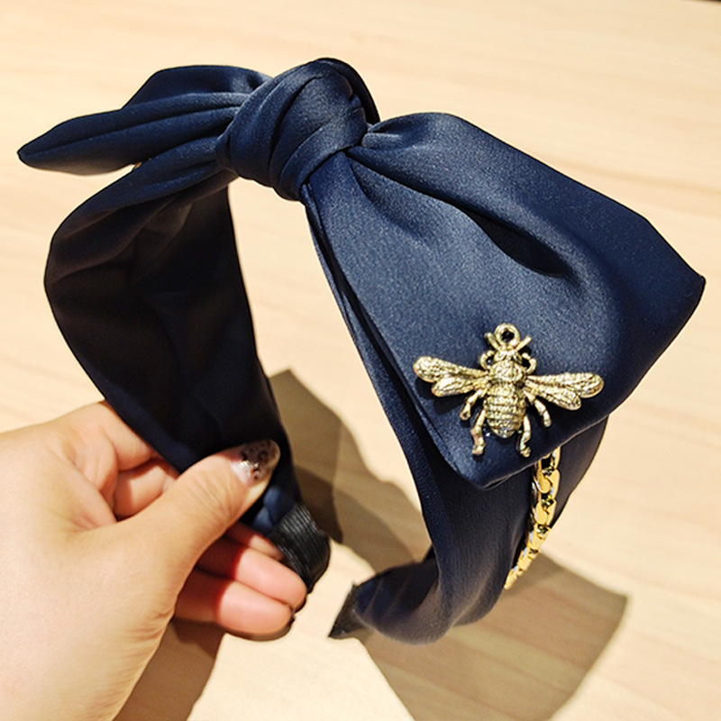 Serre-tête en Satin avec gros nœud papillon, accessoires d'ornement en forme d'abeille en métal pour femmes, vente en gros
