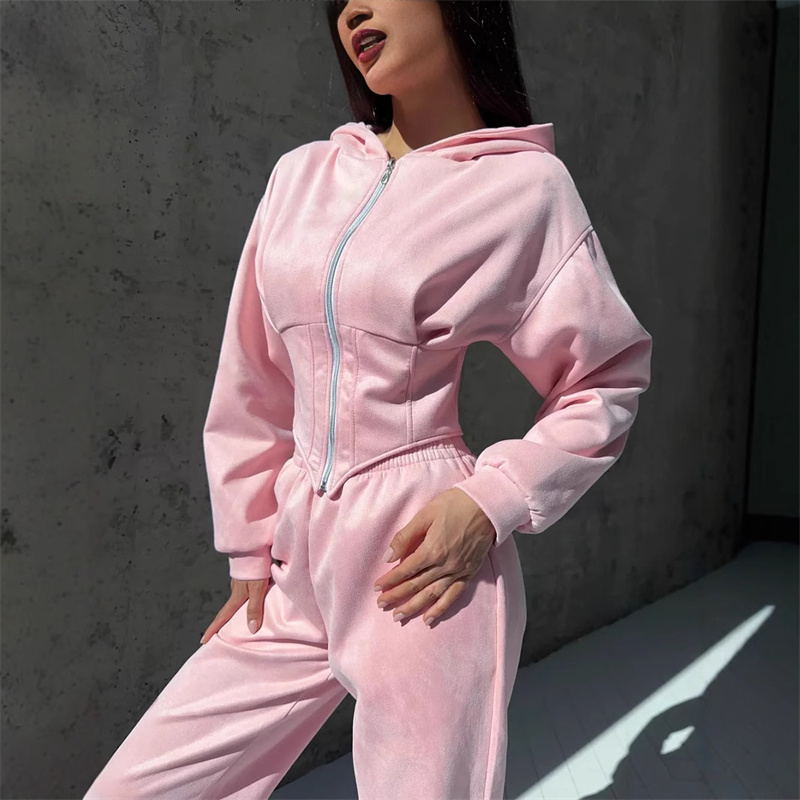 2025 sweat deux pièces costume femmes sport décontracté ensembles fermeture éclair à capuche tunique veste courte haut pantalon droit 2 pièces ensembles