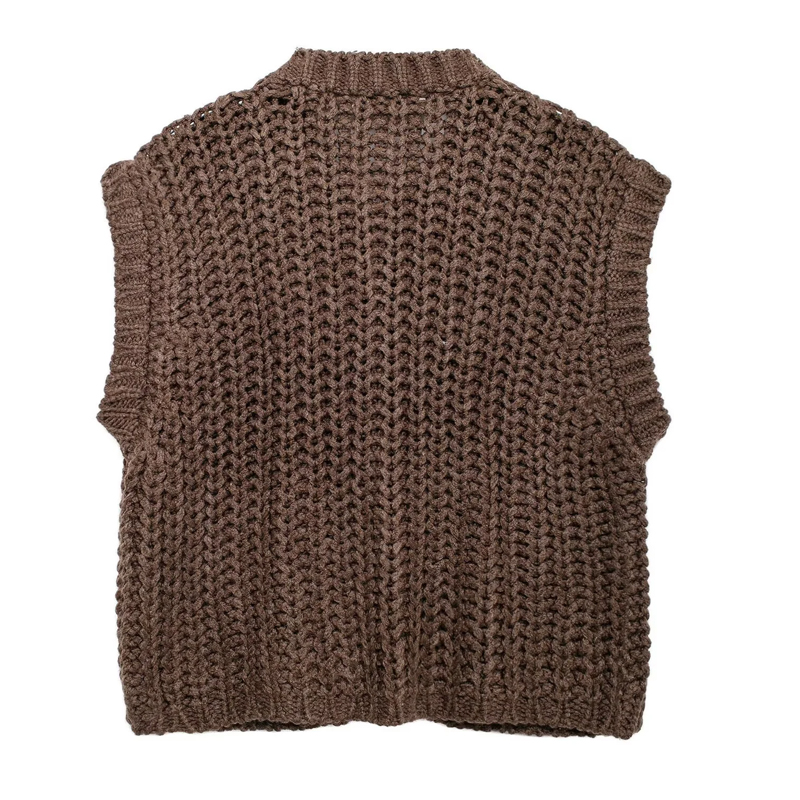Gilet femme vêtements d'extérieur sans manches marron pull tricot gilet femmes Preppy recadrée chandails automne hiver gilet femme tricots