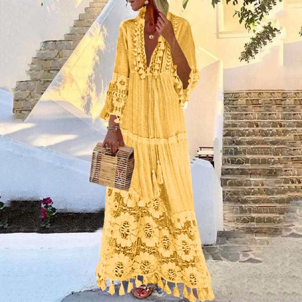 Robe longue bohème à pampilles pour femmes, col en V, grande taille, dentelle, monochromatique, robe élégante, mode décontractée, vacances Boho