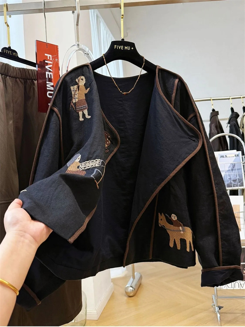 Nouveaux vêtements d'extérieur vestes pour femmes nouveau brodé col rond manteau court femmes automne belle veste décontractée ample veste manteau