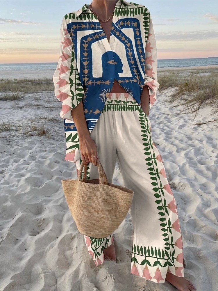 Ensemble de vacances d'automne pour femmes, chemise imprimée à manches longues + pantalon à jambes larges, ensemble 2 pièces pour femmes, vêtements Boho, nouvelle collection