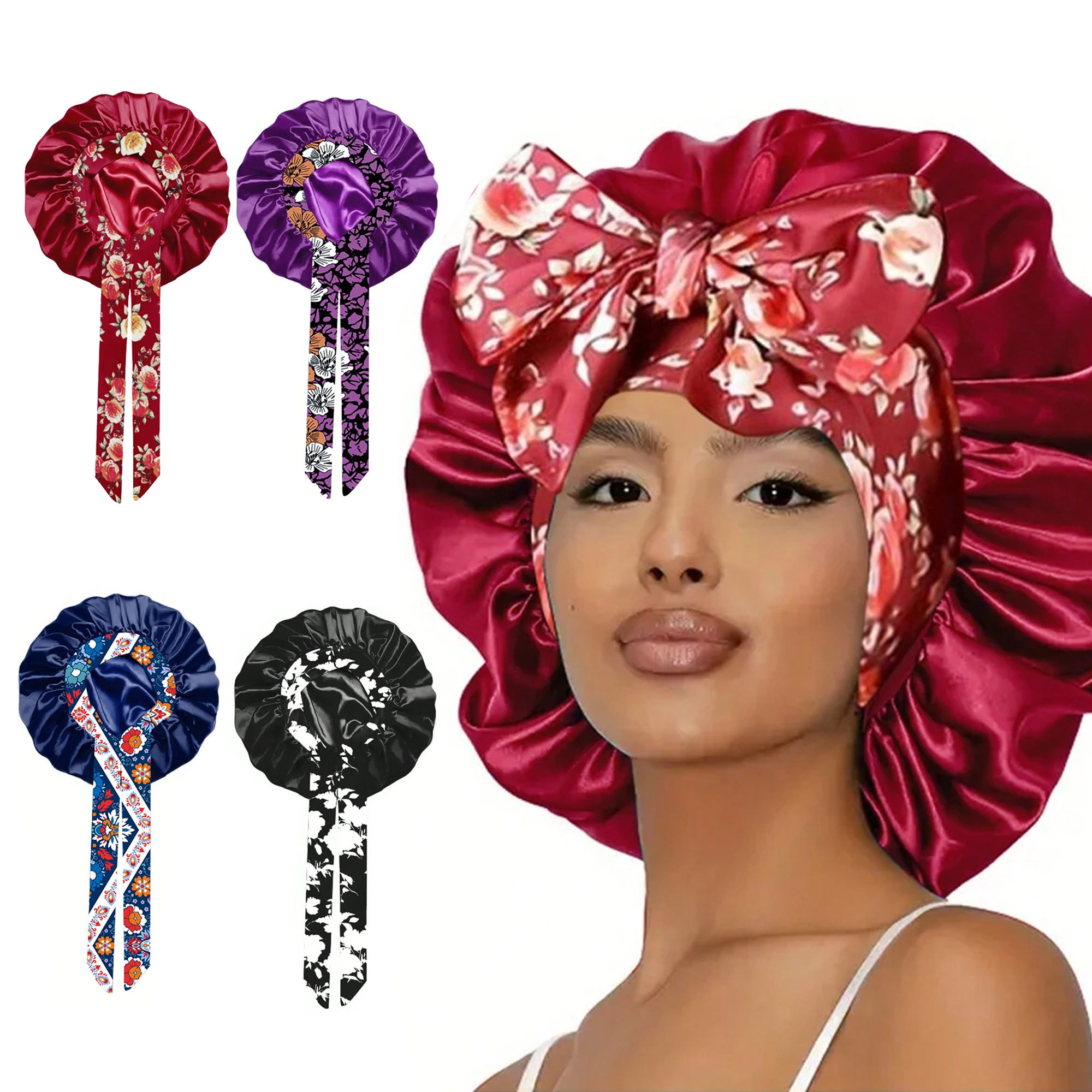 Chapeau en soie avec nœud pour femmes, grand Bonnet de soins pour cheveux longs et bouclés, Double couche, bande élastique douce, bonnet de sommeil antidérapant