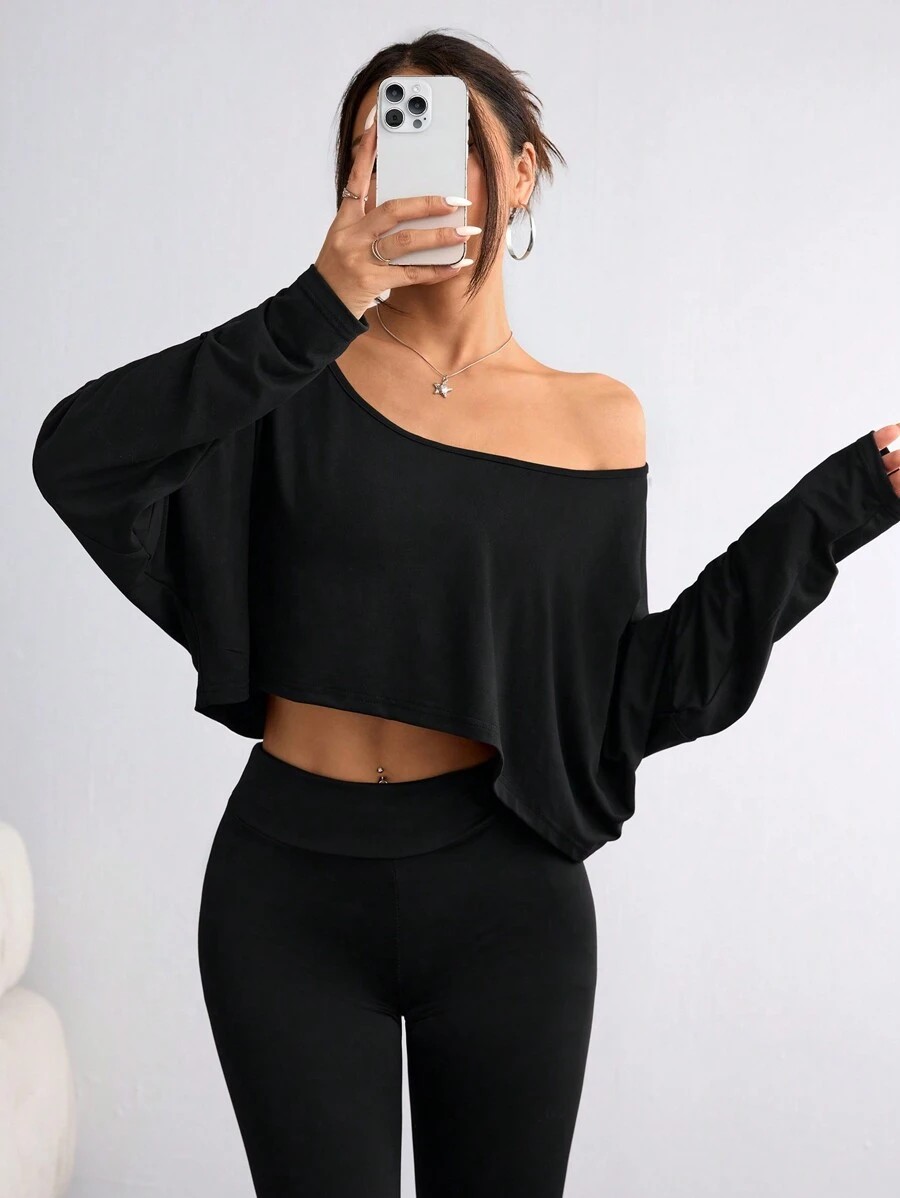 Chemisier noir à manches longues pour femmes, T-shirt décontracté, col asymétrique, haut sans bretelles pour le sport
