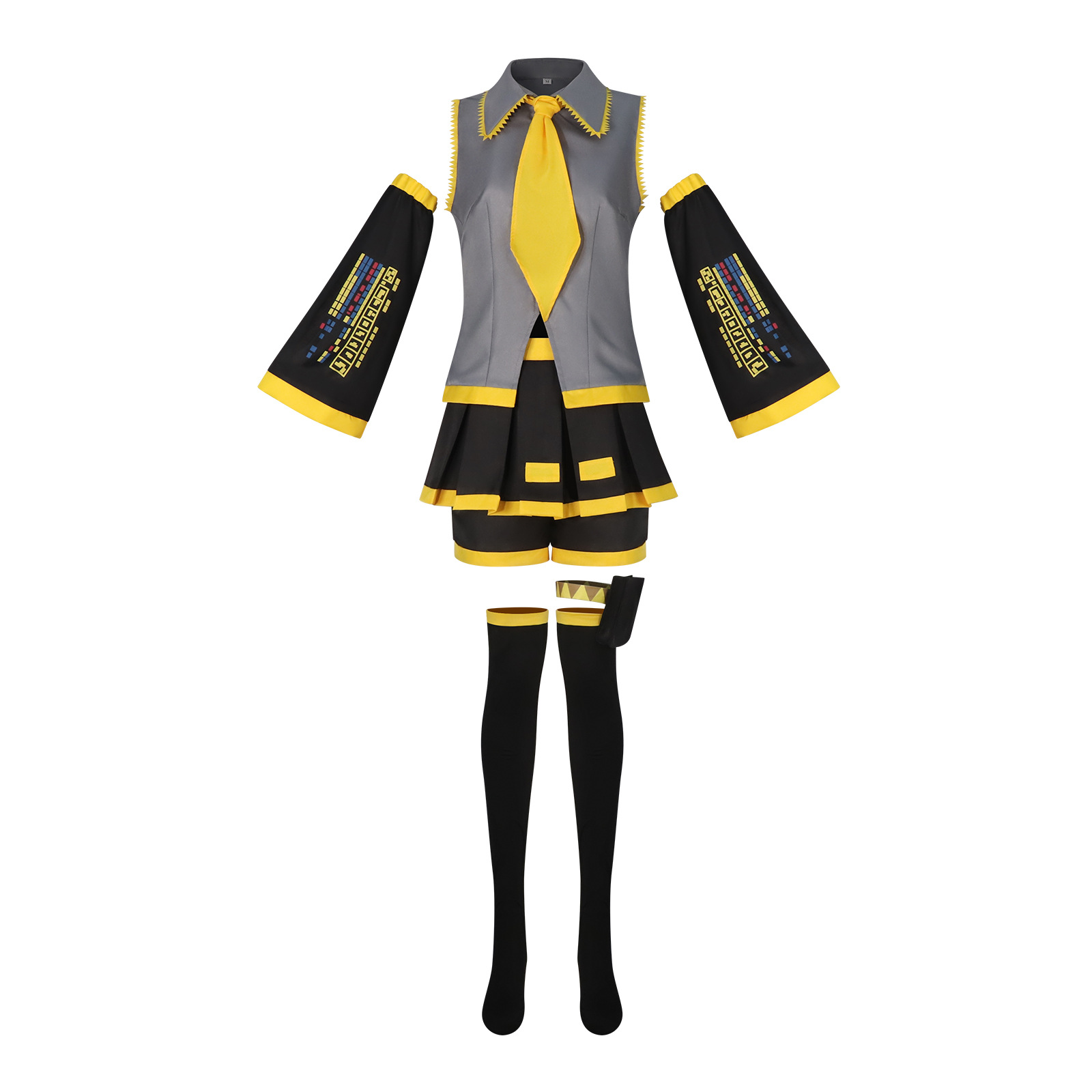 2 styles de tenues de cosplay anime pour femmes, jupe grise, short rayé jaune, manches imprimées, perruque blonde en option, tenue de cosplay d'Halloween