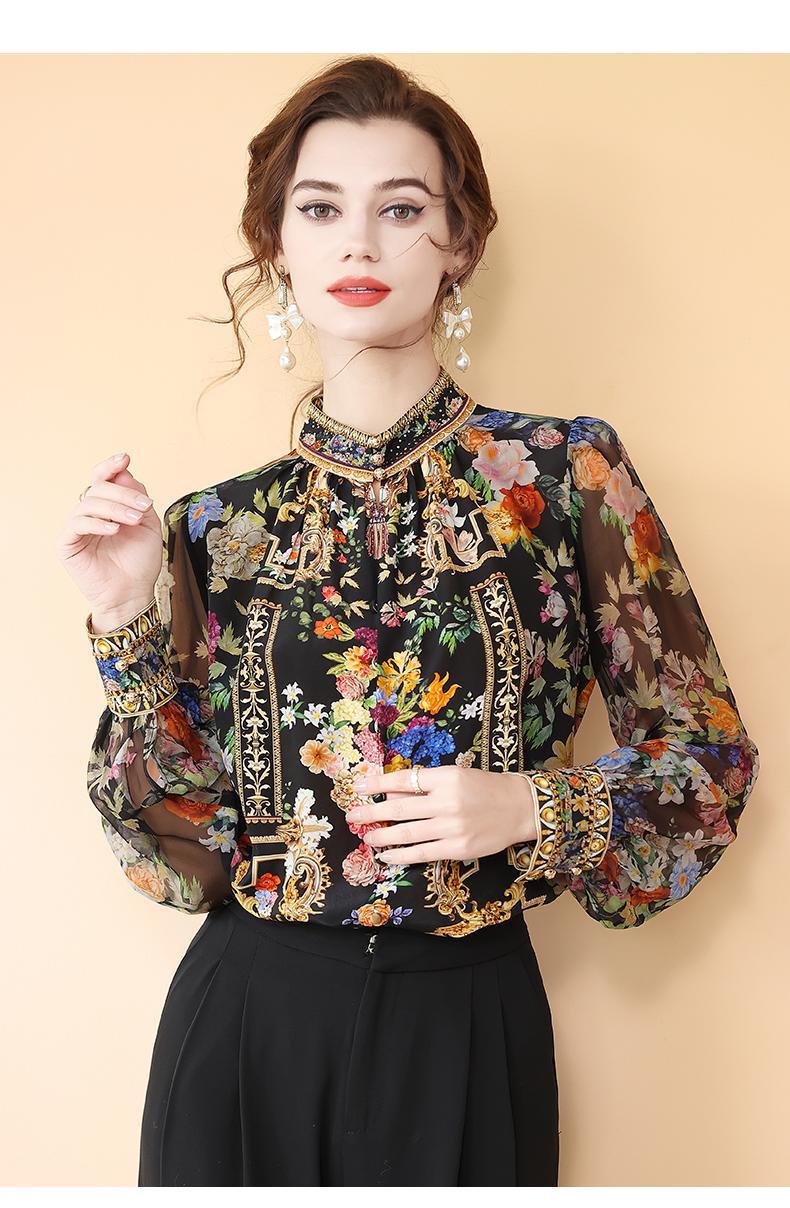 Chemise à manches longues à col montant pour femme, pull élégant, haut polyvalent, imprimé rétro, simulé, nouveau style, printemps 2025