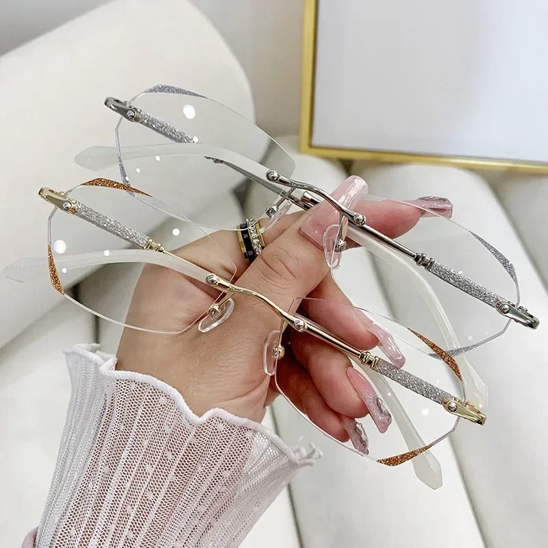 Lunettes de lecture de luxe sans monture, verres HD anti-lumière bleue, style vintage, ultra-légères et haut de gamme pour femmes