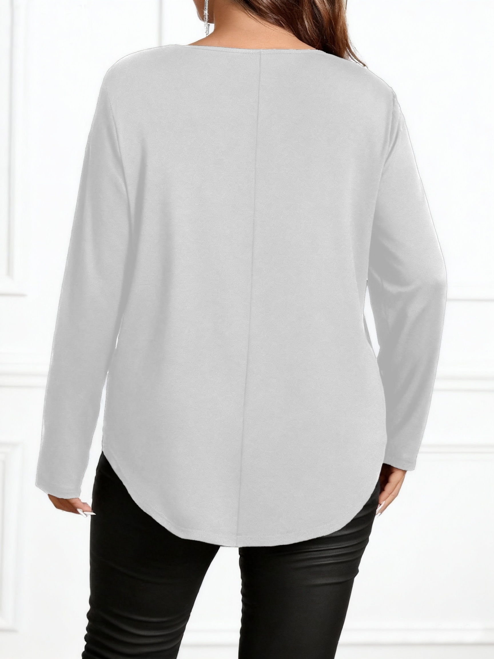 Chemise à manches longues à col en V festonné pour femmes grandes tailles, pour un style élégant et chic