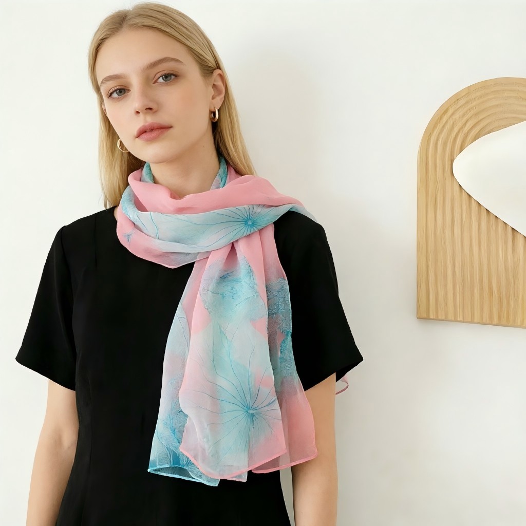 Écharpe Fleur de Lotus Prête à Offrir 160x50cm - Châle en Chiffon Délicat pour Elle, Imprimé Aquarelle Élégant, Parfait pour la Fête des Mères