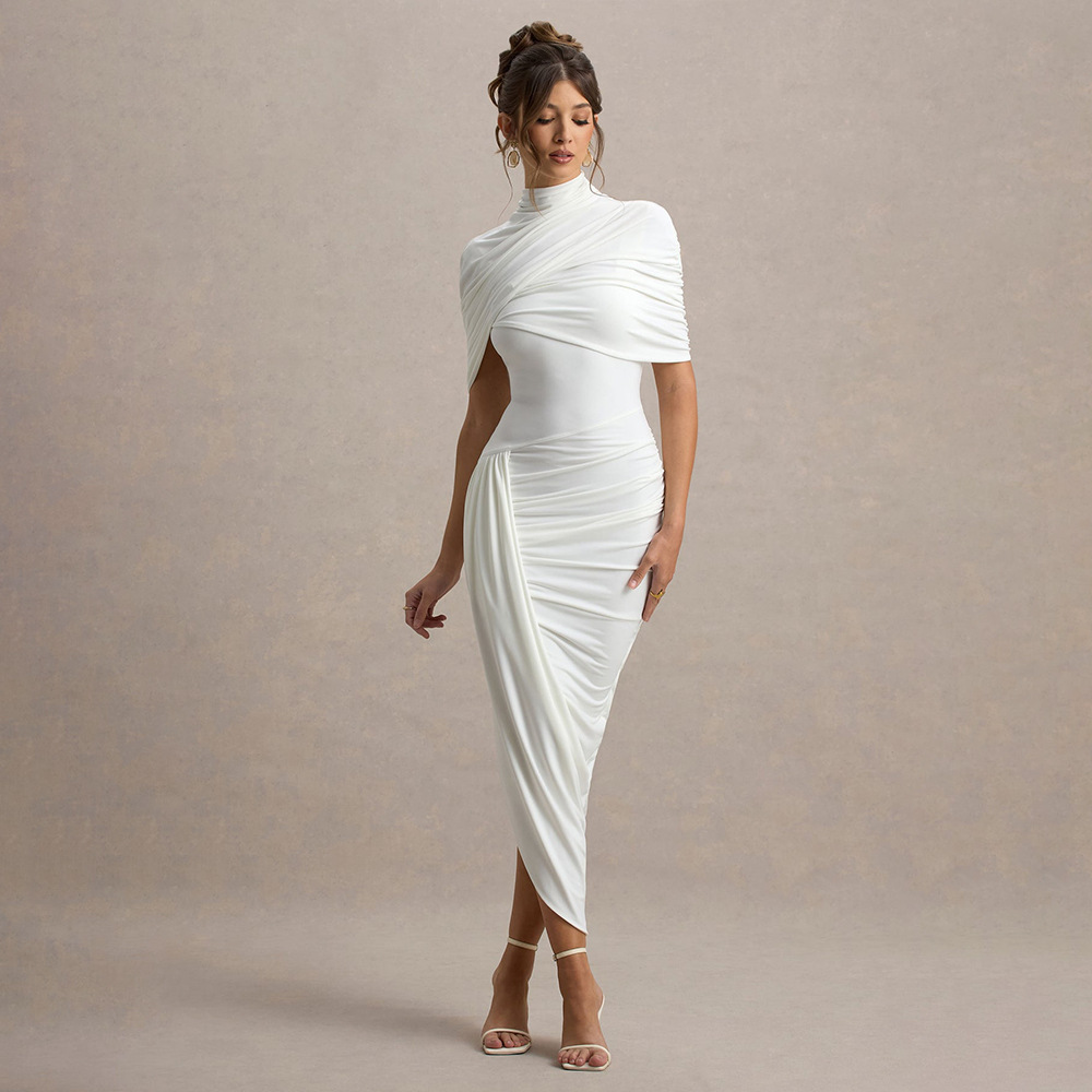Nouvelle Robe Midi Moulante et Élégante pour Femme, Sexy, Dos Nu, Drapée, Style Bodycon, pour Soirée, Mariage, Invitée, Été, Jaune et Blanc
