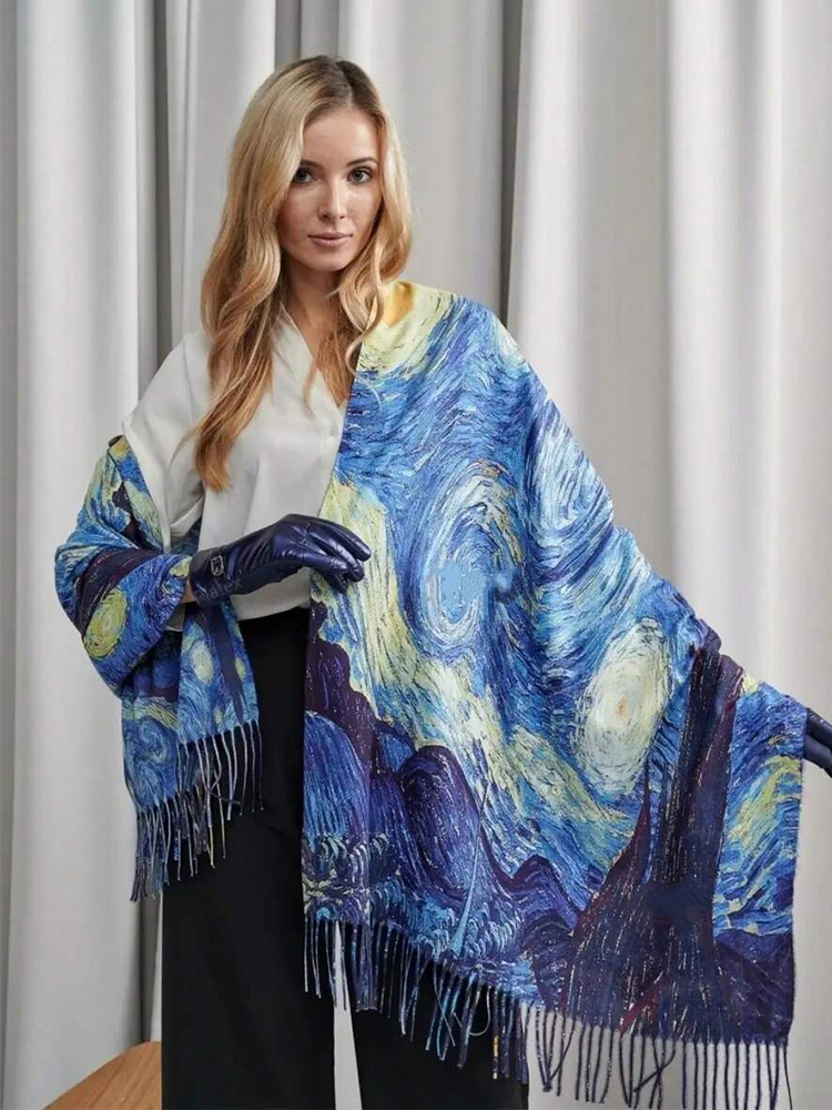 Peinture à l'huile hiver écharpe femmes luxe cachemire sensation châles Van Gogh Design extérieur foulard longue impression gland enveloppes châle