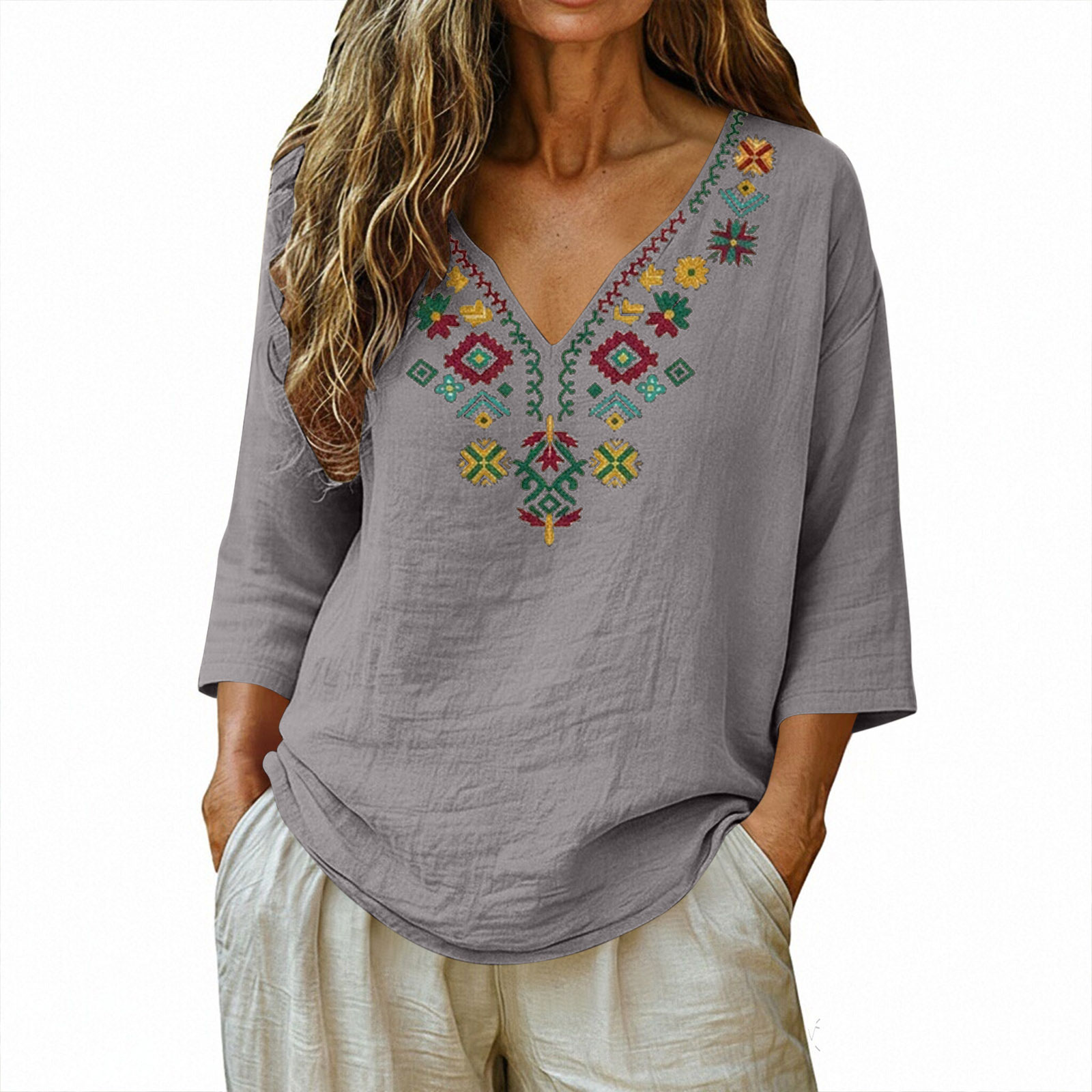 Chemisier Bohème Brodé Col V pour Femme, Manches 3/4 Unies en Coton et Lin, Haut Décontracté, Broderie Florale Ethnique, Tunique Ample d'Été