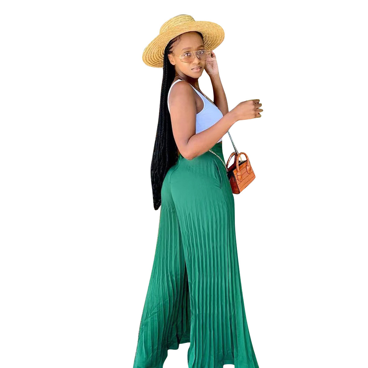 Pantalon long plissé ample et léger pour les vacances d'été, élégant, taille haute, fluide et décontracté