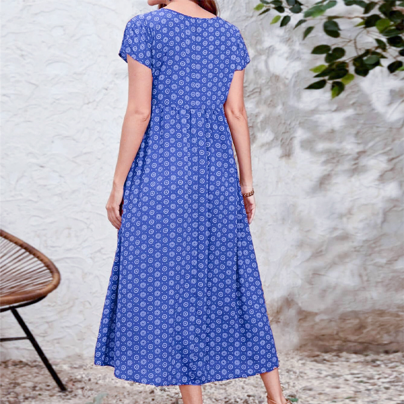 Robe grande taille pour femmes, robe imprimée de style ethnique bohème, col en v, manches chauve-souris, taille élastique, avec poches
