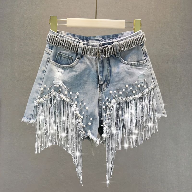 Short en jean pour femmes, vêtements d'été, nouvelle taille haute européenne, fine, industrie lourde, perles, paillettes, franges, cuivre cassé, 2025