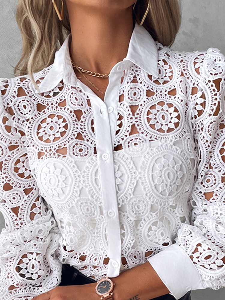 Chemisiers en dentelle pour femmes, chemise blanche de bureau élégante, manches longues, boutons, col rabattu, hauts ajourés Sexy, vêtements à la mode pour femmes