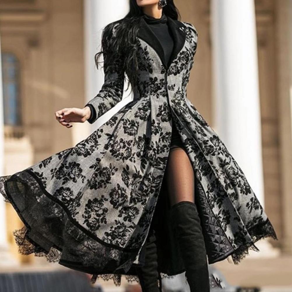 Robe de Soirée Gothique à Manches sulfpour Femme, Tenue Serrée à la Taille, Ourlet Cousu en Dentelle, Imprimé Floral, Vintage, Costume Médiéval
