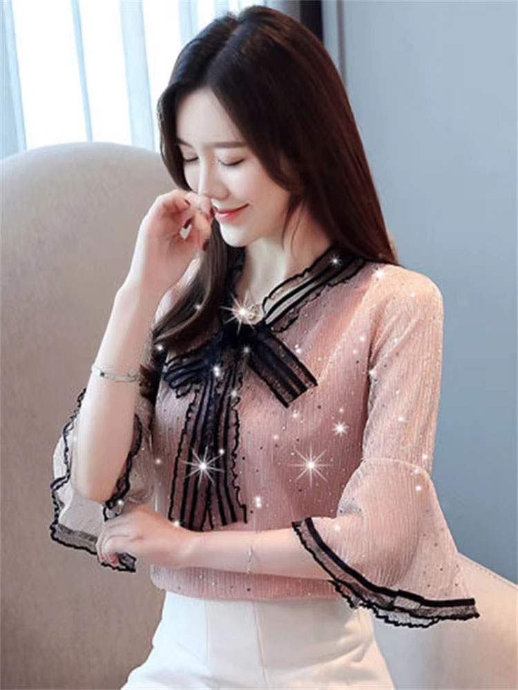 Chemisiers en Chiffon et Dentelle pour Femme, Style Printemps-Été, Décontractés, à Manches Courtes Évasées et Col Nœud Papillon, Blusas et Hauts