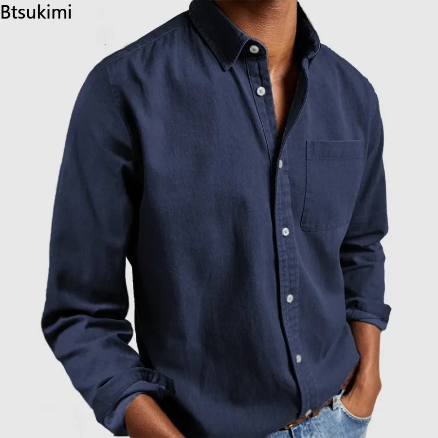 2026 mode vêtements pour hommes respirant coton à manches longues chemise ample décontractée hommes Simple revers hauts Vintage tout-match homme Blouse