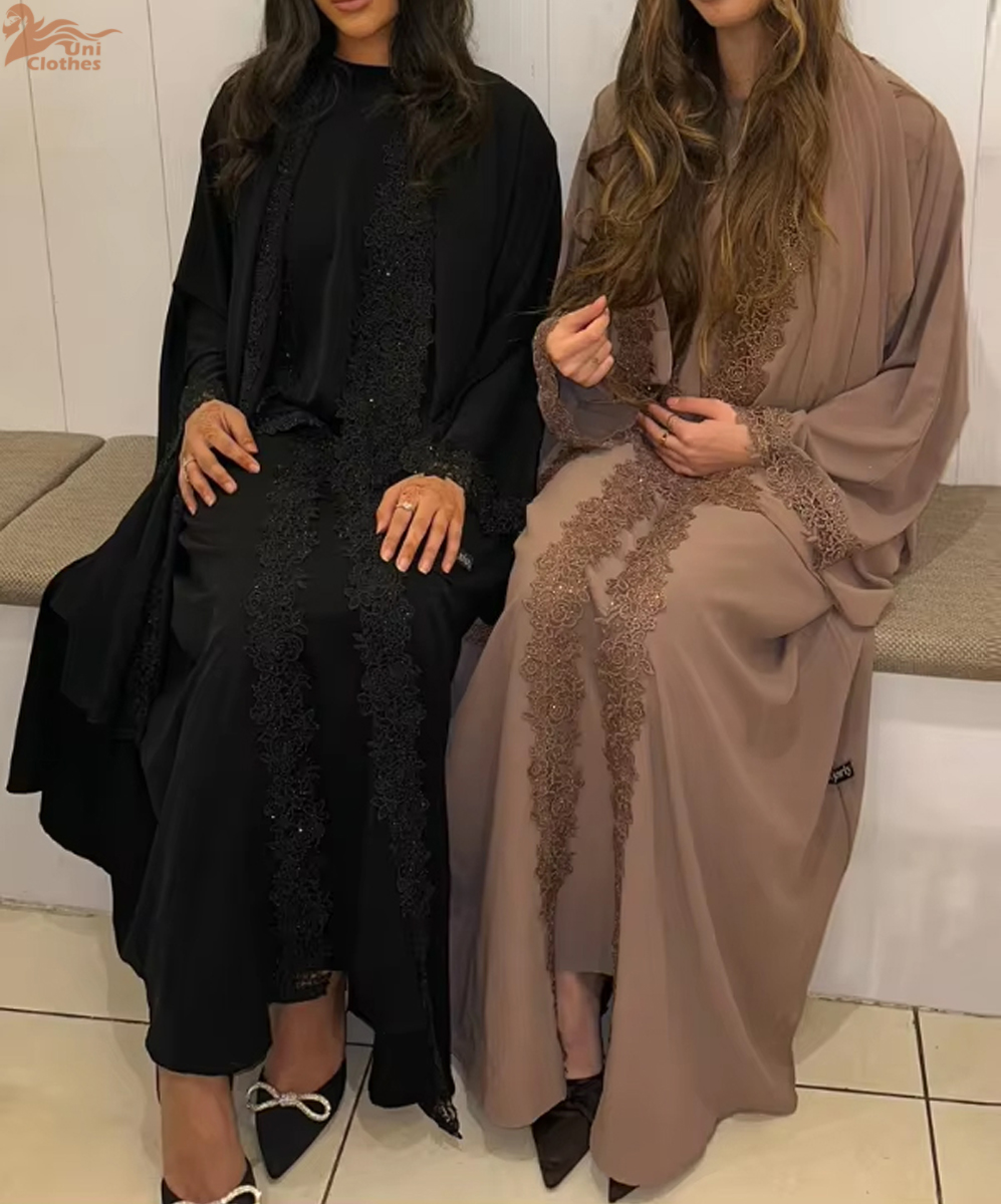 Nouvel ensemble Abaya 3 pièces pour l'Aïd Ramadan, Abaya en dentelle fantastique pour femmes, vêtements islamiques de Dubaï, cardigan pour femmes musulmanes avec robe intérieure
