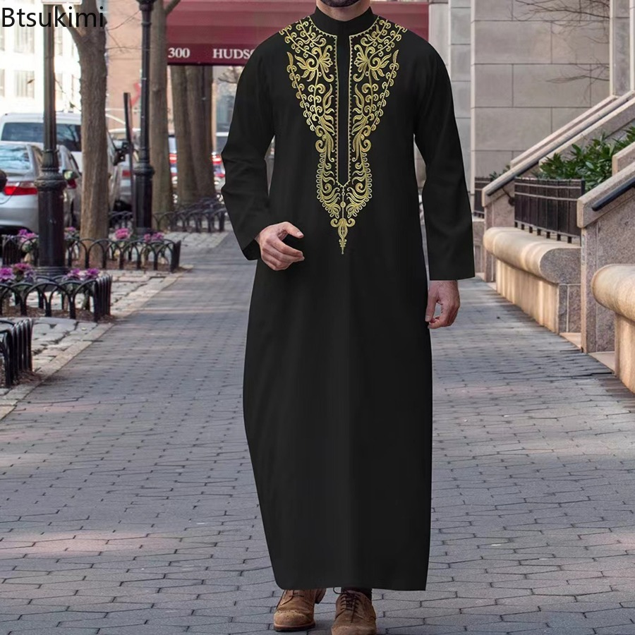 Abayas musulmanes pour hommes, couleur unie, Robe longue brodée, Jubba Thobe, chemises musulmanes arabes saoudiennes, vêtements islamiques, 2026