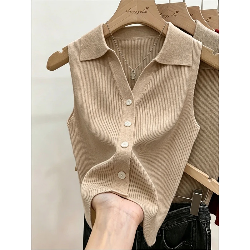 Nouvelle collection été 2026 – Gilet décontracté en maille pour femme, col rabattu, sans manches, boutonnage simple, couleur unie