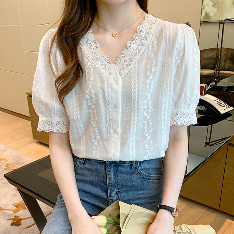 Été à manches courtes chemisier blanc chemise haut pour femme Blusas Mujer De Moda 2024 Verano dentelle col en v Blouse femmes Blouses Blusa F452