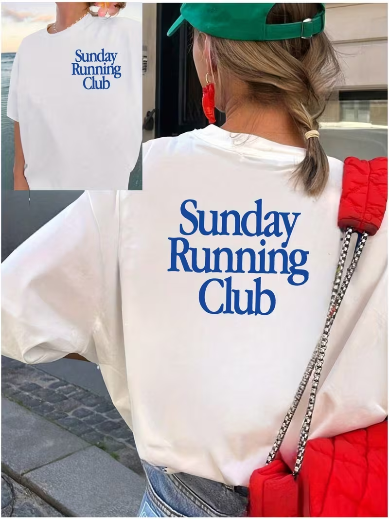 T-shirt pour femme avec motif Sunday Running Club, haut de sport d'extérieur à manches courtes double face, t-shirt décontracté ample pour femme