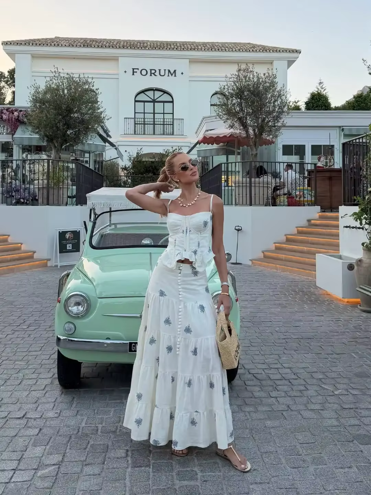 Ensemble 2 pièces pour femme, imprimé floral bleu, haut corset camisole, jupe longue à volants, robe d'été à bretelles, style bohème, pour les vacances à la plage