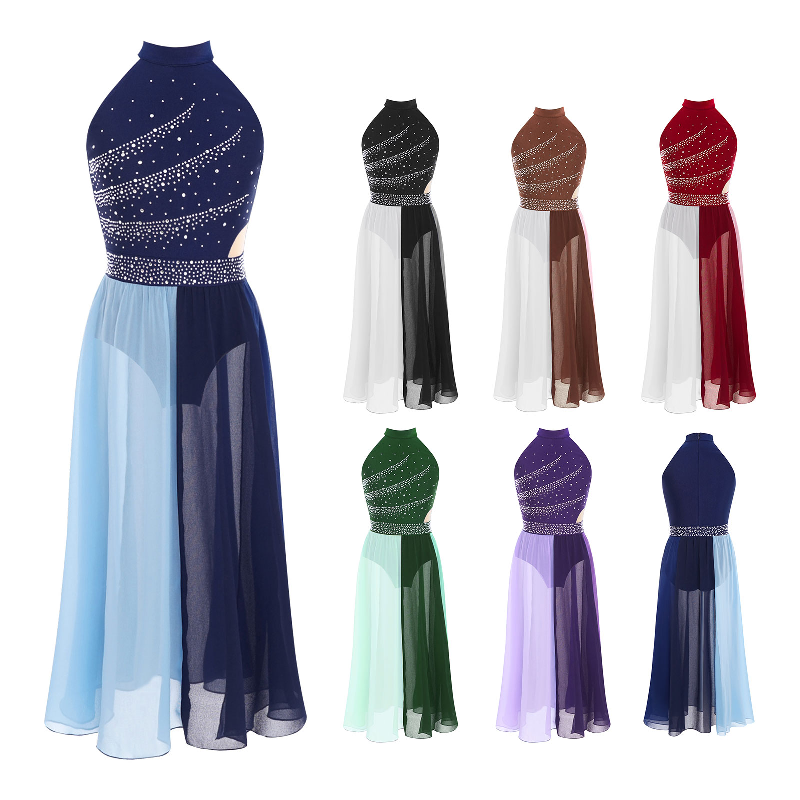 Costume de spectacle de danse lyrique moderne pour filles, sans manches, strass, fente latérale, robe justaucorps en mousseline de soie, danse contemporaine de Ballet
