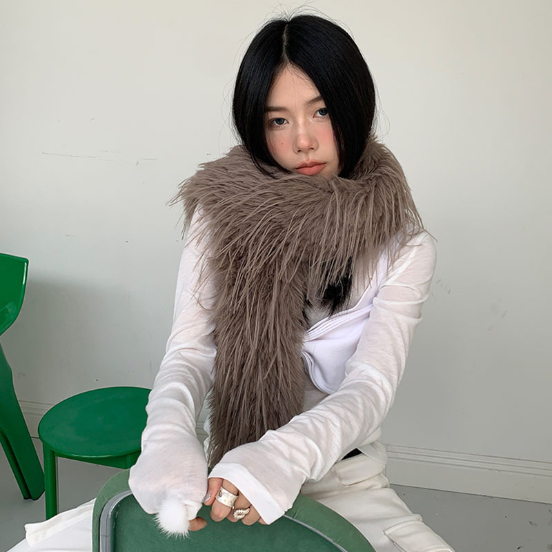 Écharpe à cheveux longs marron, châle en peluche de couleur unie, chaud et épais avec pompon, Imitation fourrure, chaîne pour femmes, cadeau du nouvel an, hiver