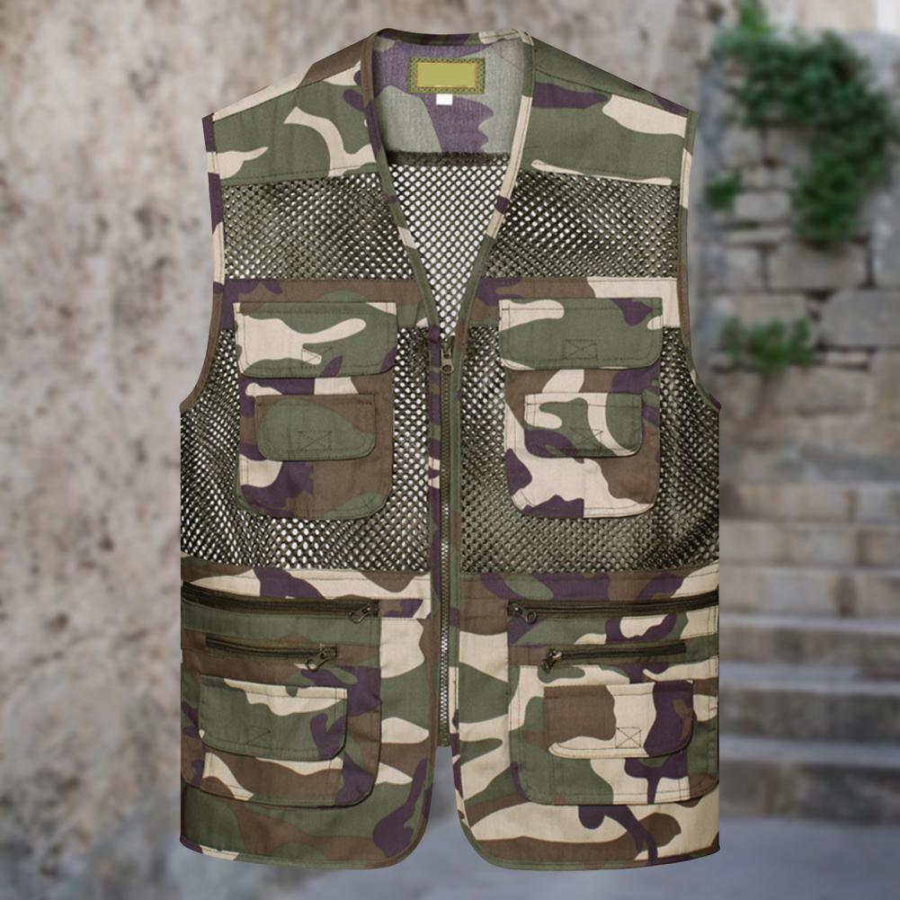 Gilet en maille évidée pour hommes, fermeture à glissière, veste multi-poches pour hommes, gilet léger en fibre, vêtements de travail, été