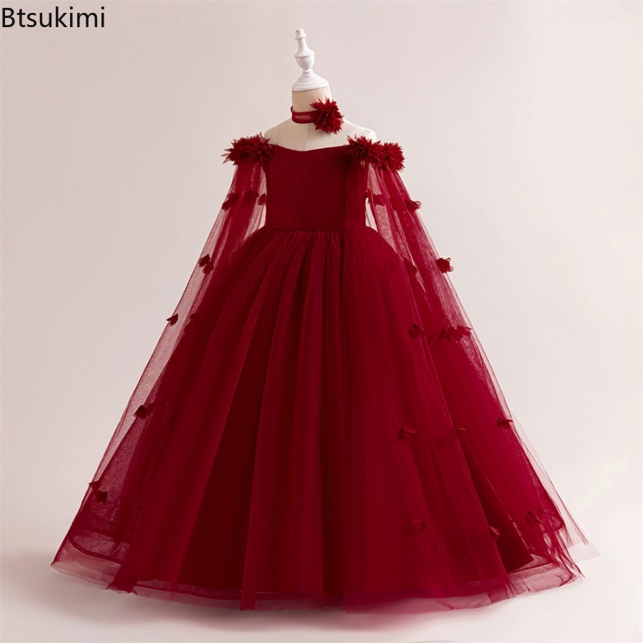 Robe de soirée de mariage à fleurs pour filles, Tutu de princesse, à la mode, en dentelle, vêtements d'anniversaire, de soirée d'été, nouvelle robe de bal
