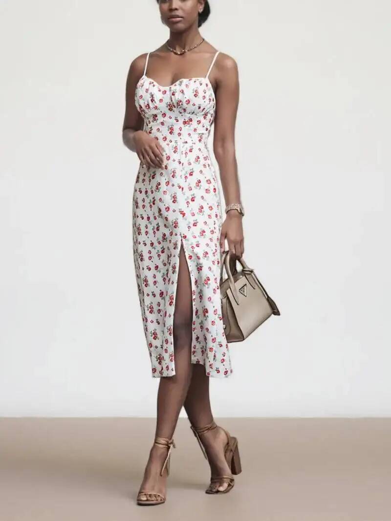 Nouvelle Robe Midi Sexy d'Été pour Femme, Imprimé Floral Blanc, Dos Nu, Décontractée, Fendue, Sans Manches, Style Plage TND8