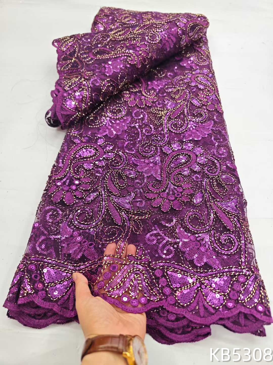 Tissu de dentelle africaine 2026 violet lilas à sequins, tissu de dentelle en tulle, tissu nigérian, dentelle française en maille pour la couture KB5308