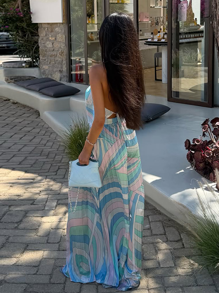 Ensemble chic imprimé pour femme : haut sans manches à col halter et épaules dénudées, pantalon large – Tenue mode été-automne 2026