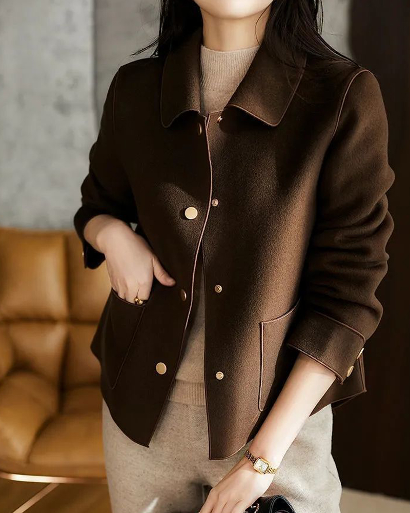 Manteau court en laine à revers et manches longues pour femme, nouvelle collection printemps-automne 2023, style simple, élégant, décontracté, coupe ample, grande taille
